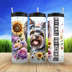 Termo Yorkshire Terrier con girasoles y flores