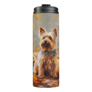 Termo Yorkshire Terrier en hojas de otoño caídas Inspira