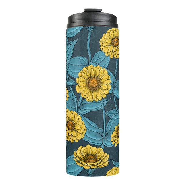 Termo Zinnias amarillas en azul oscuro (Anverso)