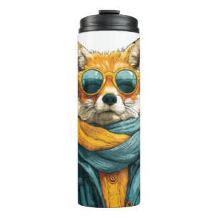 Termo Zorro Elegante que Lleva Gafas de Sol y una Bufand