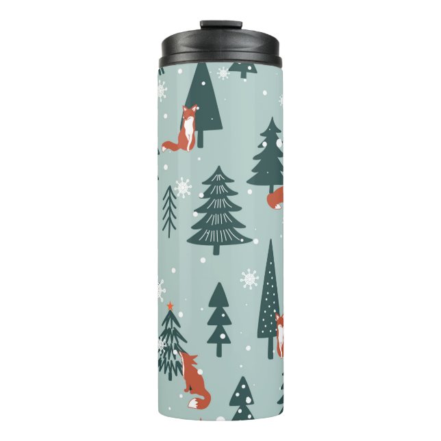 Termo Zorros, abetos, nieve, dibujado a mano. Marea colo (Anverso)