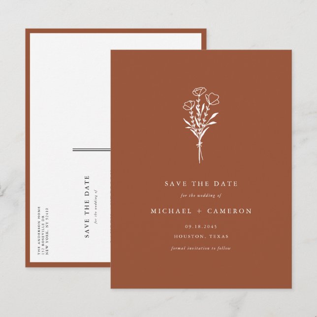 Terracota Botánico Minimalista Boho Invitación de  (Anverso / Reverso)