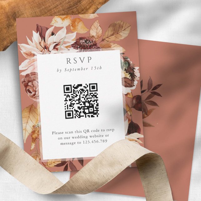 Terracota Elegancia de otoño, matrimonio otoño cód (Modern Autumn Elegance, QR code fall wedding rsvp cards in terracotta.)