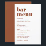 Terracota Negrita Audaz Típografía Retro Menú Barr<br><div class="desc">Agregue estos diseños de papel de la tarjeta de menú de la barra de personalizable a su tablescape de eventos. Presentan una tipografía retro audaz y una simple tipografía de terracota. Esta carta de bar de terracota es perfecta para bodas,  duchas de novias,  duchas para bebés y mucho más.</div>