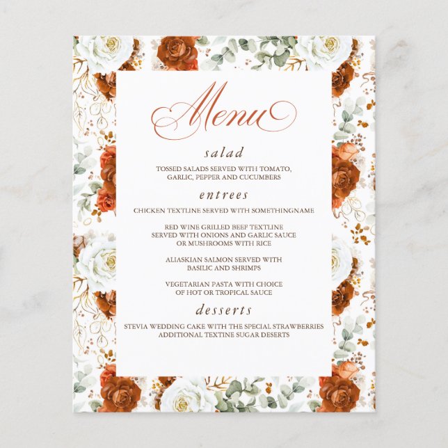 Terracotta and White Floral Elegant Wedding Menu (Frente)