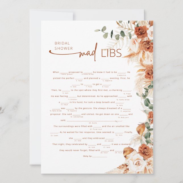 Terracotta Boho Floral Mad Lib Bridal Shower Game  (Anverso)