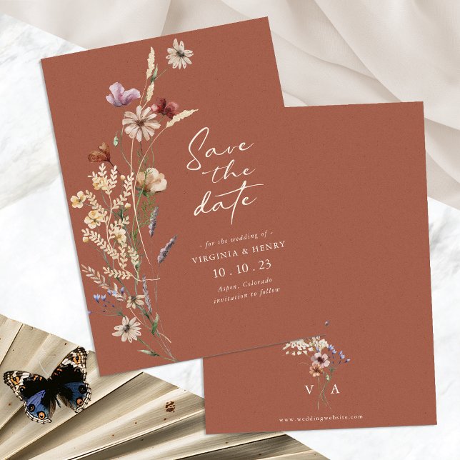 Terracotta Boho Guardar la tarjeta plana de fecha (Terracotta Boho Wildflower Save The Date Flat Card Monogrammed by Painted Paperie
)