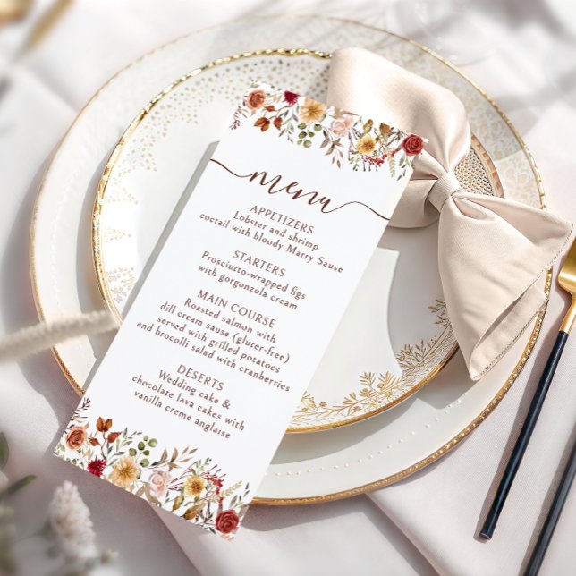 Terracotta Burgundy Floral Wedding Menu Cards (Subido por el creador)