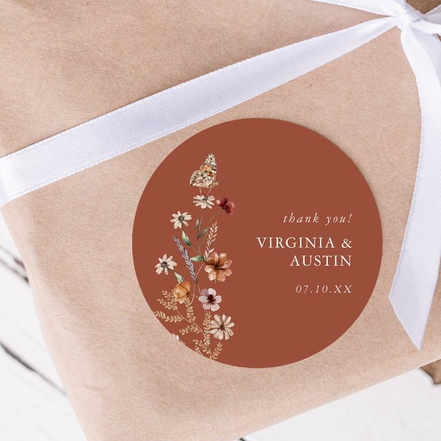 Terracotta Floral Classic Round Pegatina (Boho Terracotta Floral Classic Round Sticker with Butterfly by Painted Paperie
)
