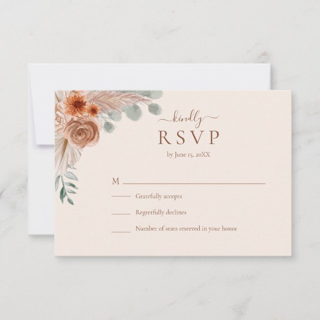 Terracotta Floral Pampas Grass Wedding RSVP Card (Anverso)
