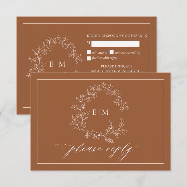Terracotta Leafy Escudo Boda Monograma RSVP (Anverso / Reverso)