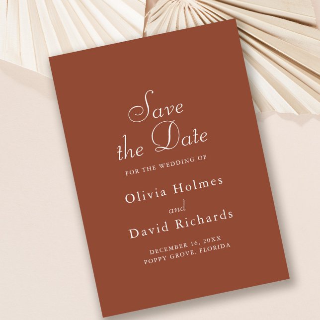 Terracotta Minimalista Guardar la tarjeta de fecha (Terracotta Minimalist Save the Date Card on soft blush background.)