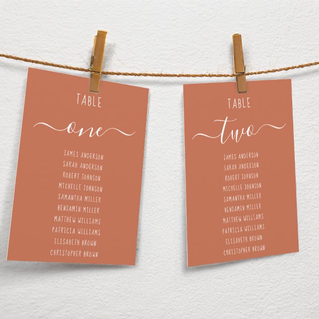 Terracotta Modern White Script Seating Chart Card (Subido por el creador)