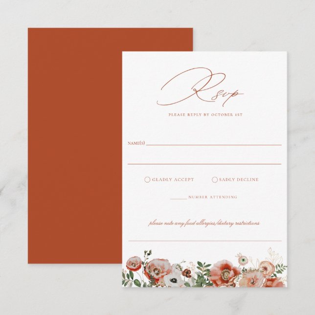 Terracotta Naranja Boda Floral Otoño RSVP (Anverso / Reverso)