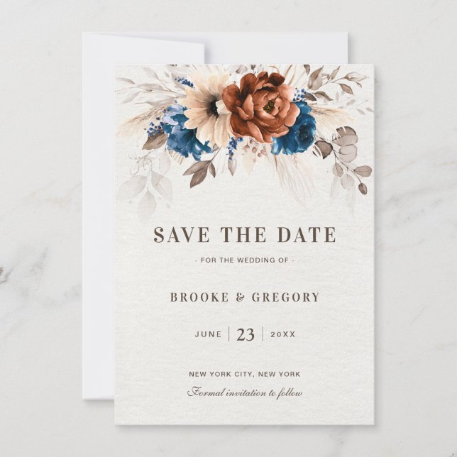 Terracotta Navy Blue Pampas Grass Save the date (Anverso)