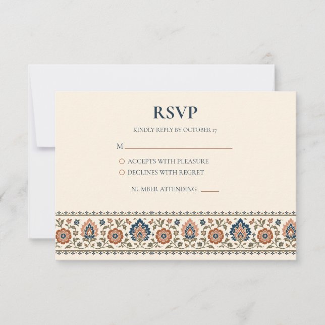 Terracotta Navy Patterned Floral Wedding RSVP Card (Anverso)