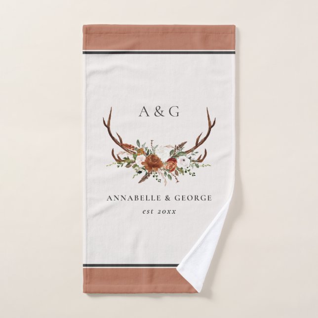 Terracotta sage green stag antler floral elegante (Toalla de mano)