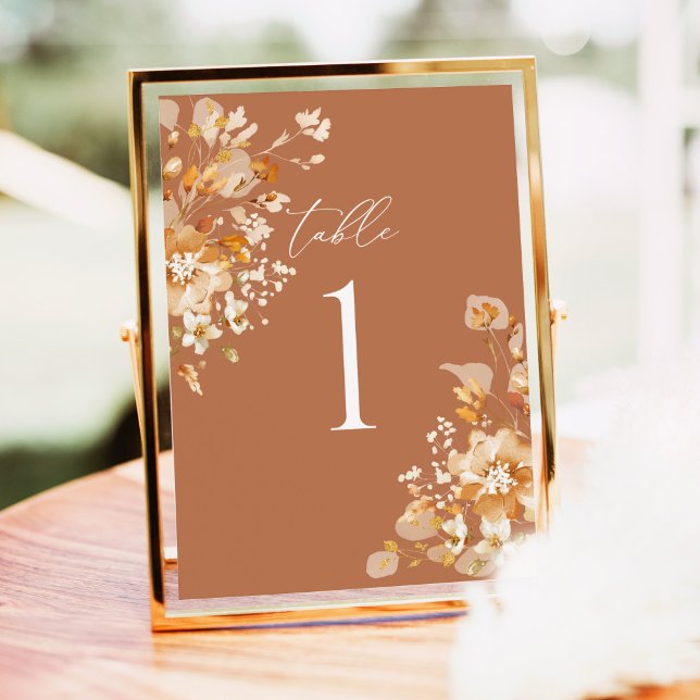 Terracotta Wedding Table Numbers, Floral Elegant (Terracotta floral wedding table number, elegant script in gold frame for reception, burnt orange)