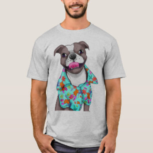 Terrier de Staffordshire en camisa hawaiana