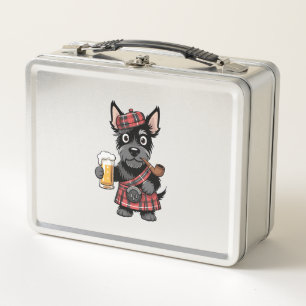 Terrier escocés con kilt de tartán con cerveza y p
