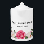 Tetera Acuarela Ilustracion de rosas blancas suaves rosad<br><div class="desc">Diseñado a partir de mi retrato de flor acuarela de rosas blancas 'ballerina' con sus colores rosa pálido y rosa rosado vibrante, con muchos rosas listos para florecer y rodeados de follaje verde oscuro a su alrededor. El diseño tiene un fondo blanco. Mira mi tienda para ver los artículos que...</div>