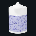 Tetera Animales marinos y patrón de dibujo de una línea<br><div class="desc">Dibujo en línea única sin fisuras con animales marinos y velero</div>