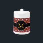 Tetera Año del perro 2018 Día de nacimiento de Zodiac Mon<br><div class="desc">Tetera de personalizable con patrón de perros azul y amarillo sobre fondo rojo oscuro banda negra y etiqueta redonda para Monograma delante. Puede cambiar fácilmente el monograma y agregar texto (fuente, color, tamaño y posición) haciendo clic en el botón personalizar. La servilleta de tela a juego, el placemat y muchos...</div>
