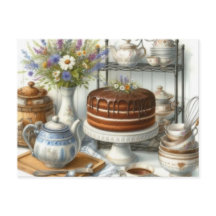 Tetera antigua y postal de té de pastel