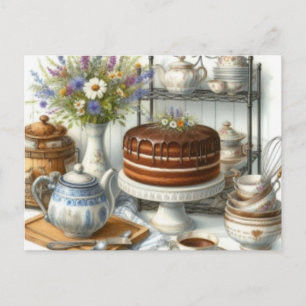 Tetera antigua y postal de té de pastel