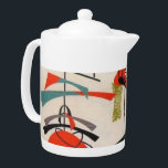 Tetera atómica moderna de la tela de los mediados<br><div class="desc">Cada día puede ser una ráfaga a partir del pasado con esta tetera inspirada moderna de los mediados de siglo. Las características del diseño una reproducción de un modelo móvil atómico de la tela del vintage. El fondo es ecru con formas azules, anaranjadas, verdes y negras del arte moderno. Ésta...</div>