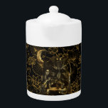 Tetera brujería<br><div class="desc">Observen esta composición gótica de brujas y brujas, elementos dorados sobre un fondo negro con un patrón de flor de loto.</div>