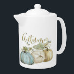 Tetera Calabaza azul otoñal Pot de té medio<br><div class="desc">En este recipiente de té medio se encuentran hermosas calabazas acuáticas en tonos azules, verdes, dorados y marrones sobre un fondo blanco. La palabra "Otoño" está escrita en la parte superior de las calabazas de bonito, alrededor de la olla de té. Coordina con los otros diseños de la Colección Calabaza...</div>