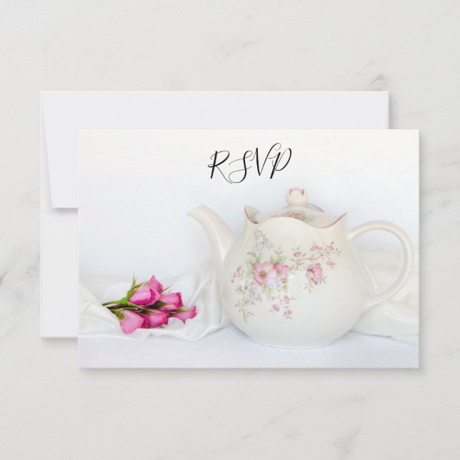 Tetera con tarjeta de respuesta RSVP de boda rosa (Anverso)