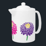 Tetera de porcelana de dibujos florales de zinnia<br><div class="desc">Diseño de tetera de porcelana de flor de zinnia con tapa. Diseño floral moderno de color personalizado. Colores rojos y violetas.</div>