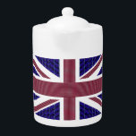Tetera Día de la Independencia de Gran Bretaña, Bandera d<br><div class="desc">Día de la Independencia de Gran Bretaña. Esta bandera de INGLATERRA está hecha con imágenes de guijarros: el fondo azul son zafiros rectangulares de color azul. Las rayas rojas son de forma rectangular Rubies. Las estrellas son diamantes.</div>