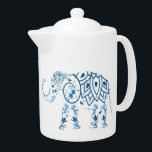 Tetera Elefante Azul Pateado Ornate<br><div class="desc">Sorprendente tetera de arte étnico con elefante decorativo estilo tatuaje de henna.</div>