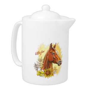 Tetera Elegante caballo de dibujo a mano con plantas y fl