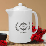 Tetera Elegante Monograma Nombre moderno Marrón y blanco<br><div class="desc">Personalice su cocina con nuestro elegante nombre en monogramo y diseño lujoso y moderno de primera línea, marrón y blanco, con una exclusiva opción de texto de laurel y personalizado. Todos los colores de este diseño, incluida la imagen de la corona, pueden cambiarse a cualquier color que elija con la...</div>