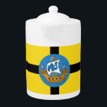 Tetera F lag of Wellington City, New Zealand Magnet<br><div class="desc">Teapot with a design with the flag of Wellington City,  New Zealand. A yellow flag with a black cross and the seal of the city with an image of a ship in the center</div>