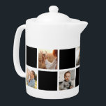 Tetera Familia de collage de fotos negro moderno bajo con<br><div class="desc">tetera de fotos de cuadros blancos y negros personalizados. Un regalo perfecto para tu familia, abuelos o recién casados. Hay más opciones de color disponibles. Personaliza fácilmente nuestra tetera de cuadros negros con tus fotos. INFO: Tanto las imágenes de retrato como las de paisaje funcionarán hasta el punto de que...</div>