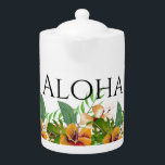 Tetera Flores tropicales de Aloha<br><div class="desc">Tetera con temática insular con flores tropicales acuarelas y texto "Aloha" invitante</div>