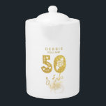 Tetera Gold 50 y Fab Teapot<br><div class="desc">50 y caligrafía decorativa Fab diseñada en oro y purpurina falso.  Fácilmente nombre y mensaje personalizar para hacer un fabuloso regalo de cumpleaños y mantener el sake para esa persona especial.</div>