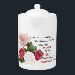 Tetera La Palabra De Dios Durará Para Siempre.<br><div class="desc">Hermosa tetera cristiana de porcelana inspiradora con imagen impresa de un cuadro de encantadores rosas rojos y blancos. Esta tetera tiene la Escritura de Isaías 40:8. "La hierba se marchita,  las flores se desvanecerán,  pero la palabra de Dios permanecerá para siempre.</div>