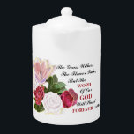 Tetera La Palabra De Dios Durará Para Siempre.<br><div class="desc">Hermosa tetera cristiana de porcelana inspiradora con imagen impresa de un cuadro de encantadores rosas rojos y blancos. Esta tetera tiene la Escritura de Isaías 40:8. "La hierba se marchita,  las flores se desvanecerán,  pero la palabra de Dios permanecerá para siempre.</div>