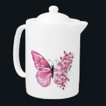 Tetera Mariposa de flores con Sakura rosa<br><div class="desc">Arreglo floral de mariposa rosa con flores japonesas de cerezo rosadas sobre fondo blanco.</div>