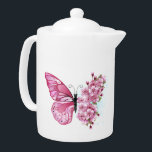 Tetera Mariposa de flores con Sakura rosa<br><div class="desc">Arreglo floral de mariposa rosa con flores japonesas de cerezo rosadas sobre fondo blanco.</div>