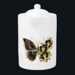 Tetera Mariposa de flores de oro con orquídea negra<br><div class="desc">Mariposa de flores de oro con orquídea de joyería negra,  decorada con hojas de oro sobre fondo blanco.</div>