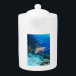 Tetera Millas de Lionfish o Pterois, peces de arrecifes o<br><div class="desc">Un pozo de luz solar atraviesa el agua azul, iluminando un arrecife de coral vibrante lleno de vida. La luz del sol baila en la superficie, creando un sendero resplandeciente a través de la arena turquesa que desciende suavemente hacia la izquierda. En primer plano, los corales coloridos salen del fondo...</div>