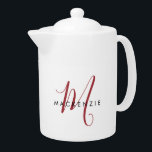 Tetera Monograma elegante de escritura roja blanca modern<br><div class="desc">Elegante tetera monograma de escritura roja blanca moderna. Un elegante monograma de escritura rojo combinado con una limpia fuente san-serif en negro,  le da un aspecto contemporáneo.</div>
