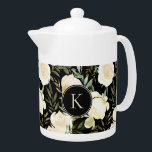 Tetera Monograma verde de vainilla floral pintado románti<br><div class="desc">Flores de color blanco de vainilla, acentuadas por follaje verde sobre fondo negro. Cambie fácilmente el monograma de la plantilla a la inicial deseada utilizando la herramienta de edición de Zazzle. Consulte nuestra colección para ver los elementos coincidentes. Totalmente personalizable y transferible. Romántico Monograma Verde de vainilla floral pintado. Artista...</div>